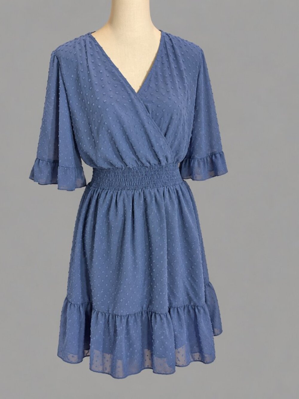 Sampeel Women's M Wrap V Neck Swiss Dot Blue Dress Ruffled Hem Flutter Sleeves